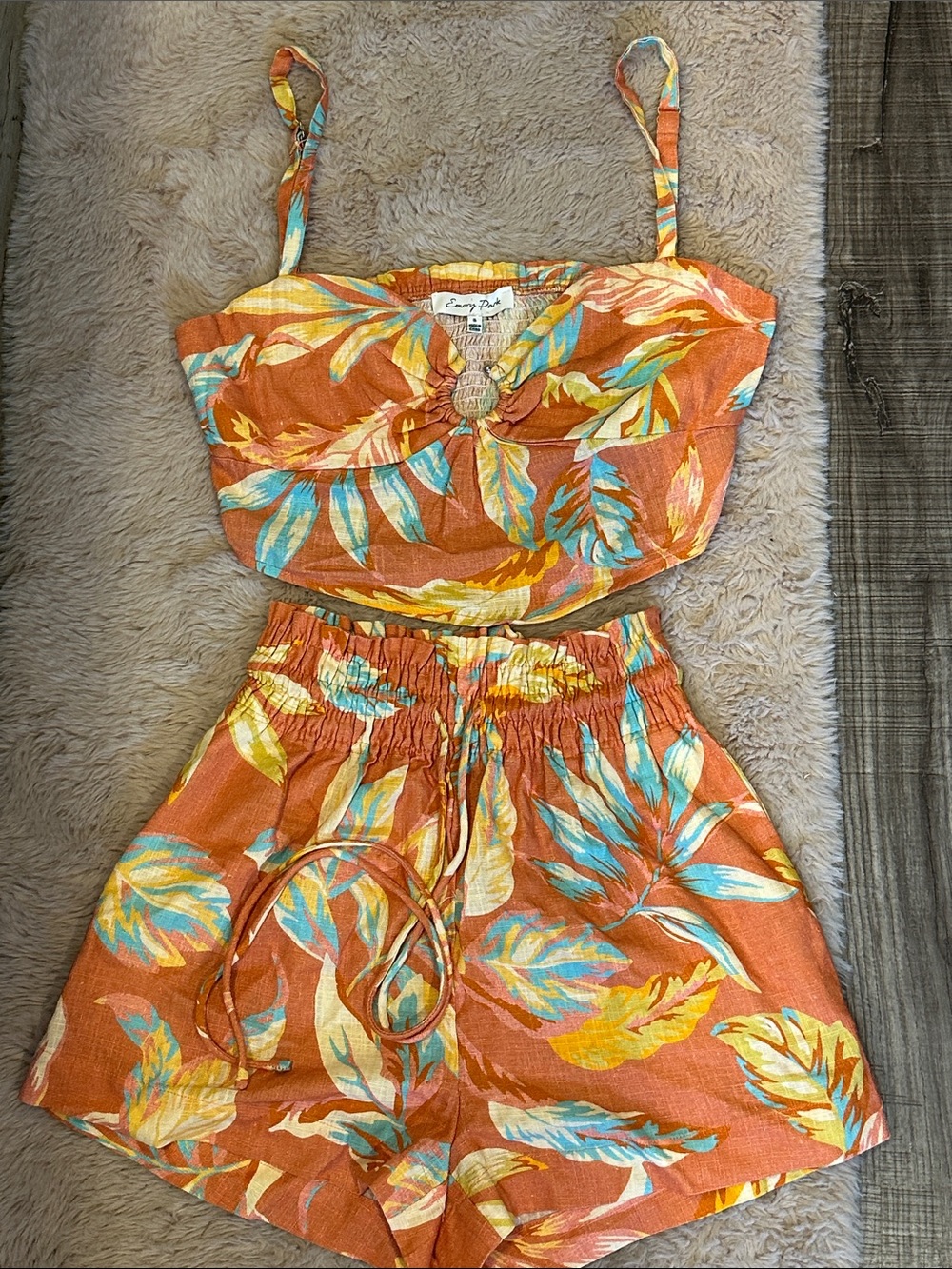 Emory Park Orange Tropical Two-Piece Crop Top and Shorts Set